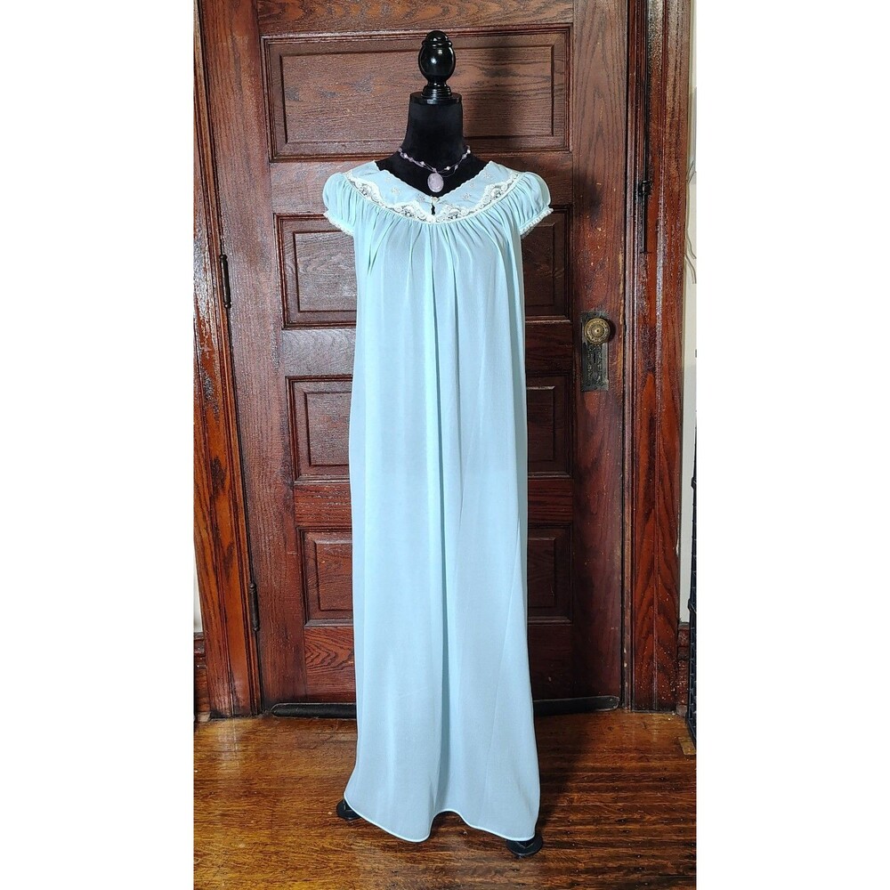 Romantic Long VTG Floral Embroidered Lace Baby Blue Night Gown Babydoll Sz XS